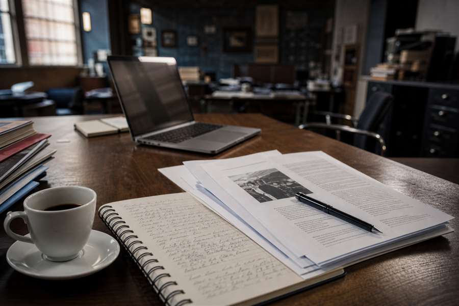 Sala de redação editorial com anotações e material de pesquisa